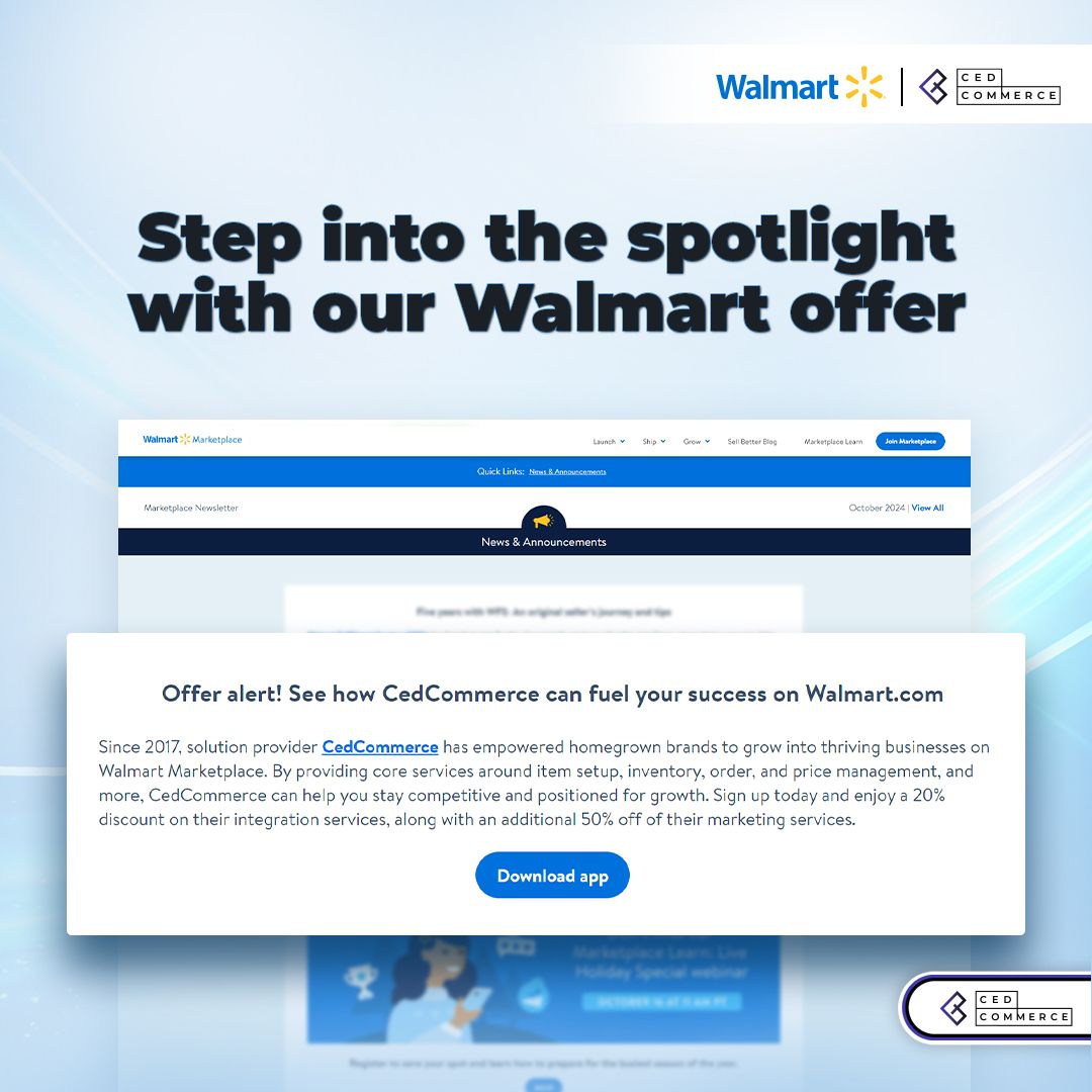 cedcommerce's tweet card. 🚀𝒀𝒐𝒖𝒓 𝒏𝒆𝒙𝒕 𝒃𝒊𝒈 𝒘𝒊𝒏 𝒊𝒔 𝒓𝒊𝒈𝒉𝒕 𝒉𝒆𝒓𝒆! 𝘞𝘪𝘵𝘩 𝘰𝘶𝘳 𝘦𝘹𝘤𝘭𝘶𝘴𝘪𝘷𝘦 𝘰𝘧𝘧𝘦𝘳 𝘰𝘯 Walmart Marketplace’𝘴 𝘸𝘦𝘣𝘴𝘪𝘵𝘦, 𝘺𝘰𝘶’𝘳𝘦 𝘯𝘰𝘵 𝘫𝘶𝘴𝘵 𝘪𝘯𝘵𝘦𝘨𝘳𝘢𝘵𝘪?...