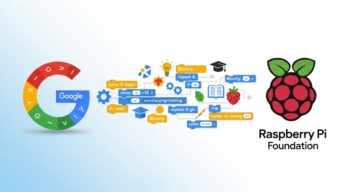 RootLogicDev's tweet card. After over a decade at Google, the popular open-source Blockly project is transitioning to the Raspberry Pi Foundation, signaling a new era for block-based coding education.