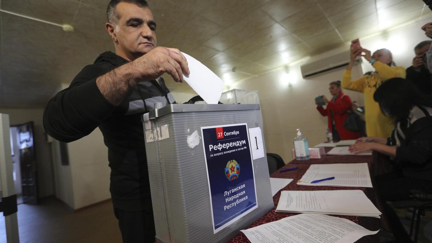 SourceMerlin's tweet card. A Kremlin-orchestrated referendum got underway in occupied regions of Ukraine that sought to make them part of Russia, with some officials carrying ballots to apartment blocks accompanied by gun-to...