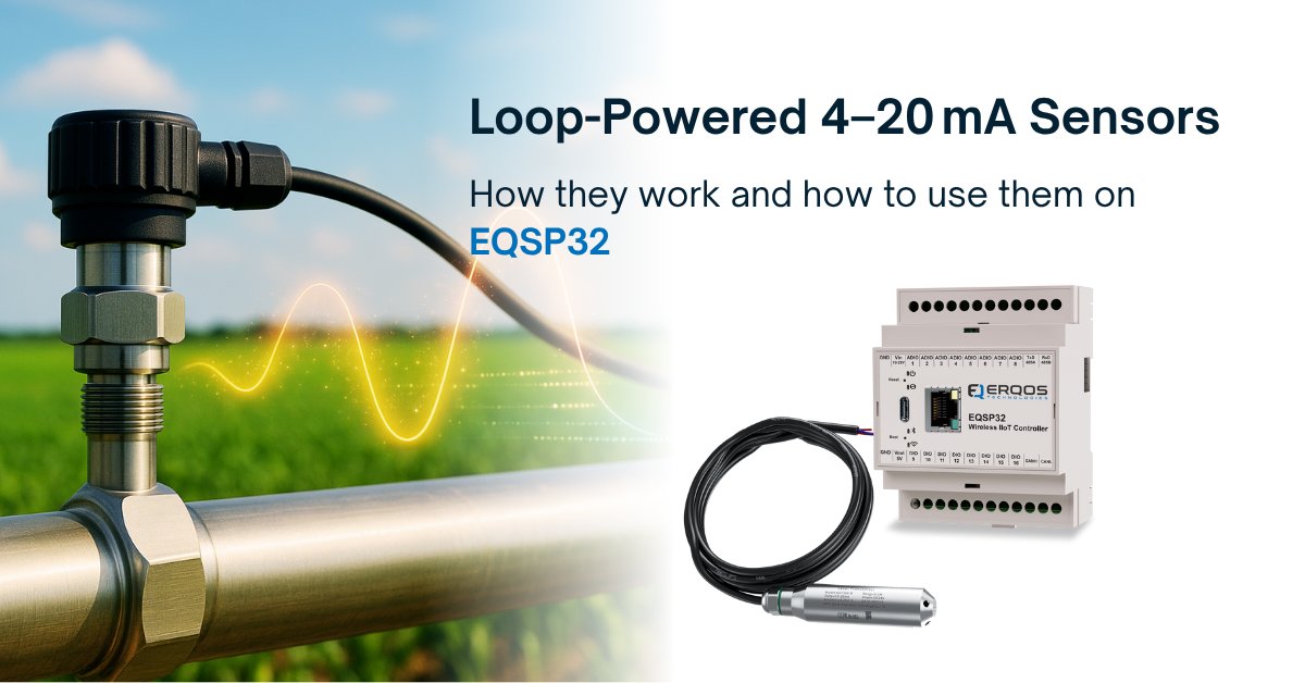eqsp32's tweet card. Learn how two-wire 4–20 mA loop-powered sensors work and how the EQSP32 Micro-PLC reads precise analog signals for industrial IoT applications.