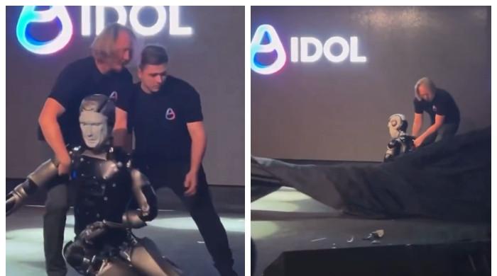 bilalfqi's tweet card. Russia's first domestically developed artificial intelligence-powered robot suffered an embarrassing fall during its debut show in Moscow.The humanoid robot, named AIdol, was unveiled during a...