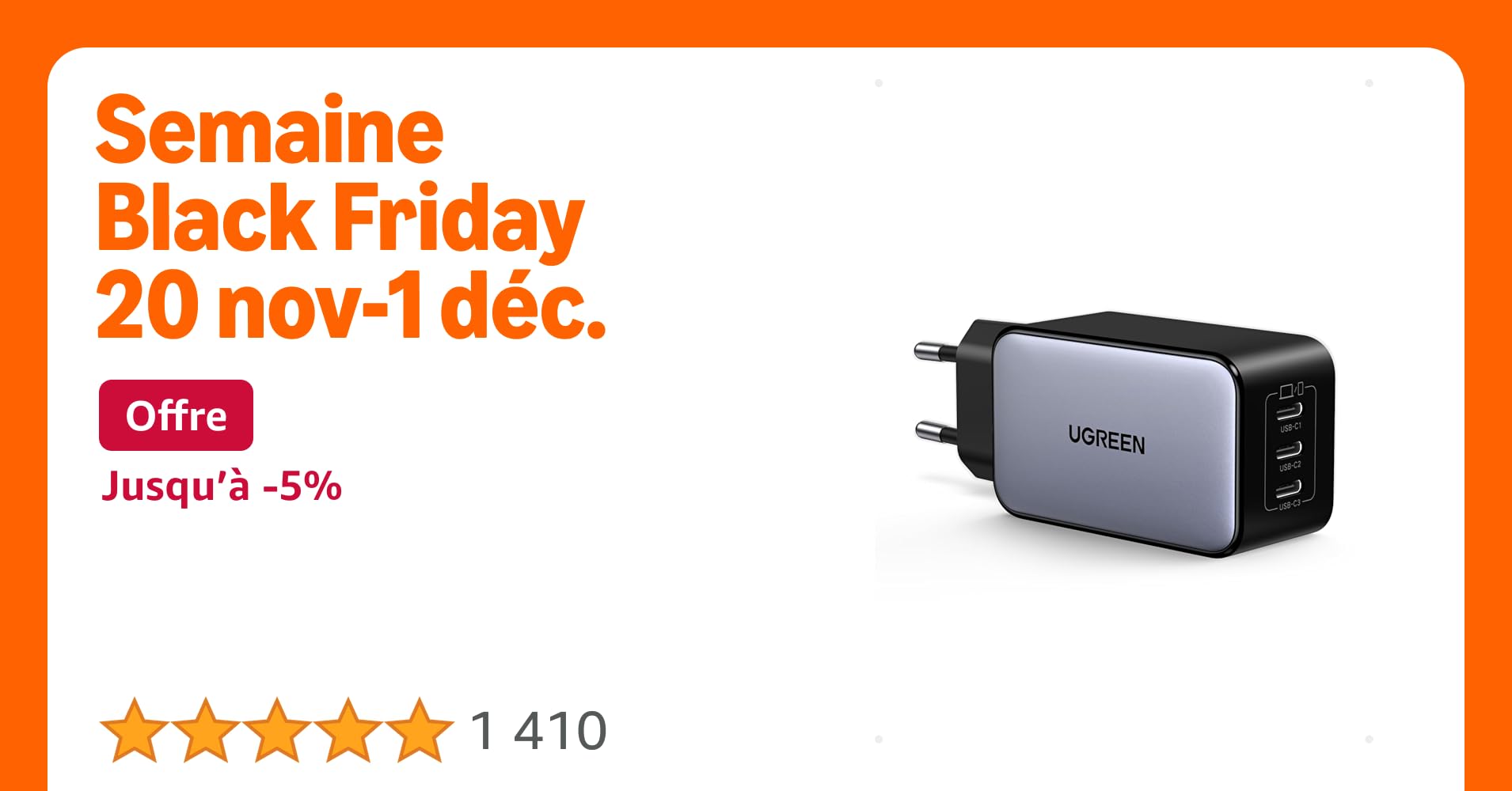 bonplansamazon_'s tweet card. Grâce à la puce GaNInfinity de nouvelle génération, profitez d'une puissance maximale de 65W sur chaque port USB-C. Chargez votre MacBook Air M2 à 51 % ou votre iPhone 15 Pro à 60 % en seulement 30...