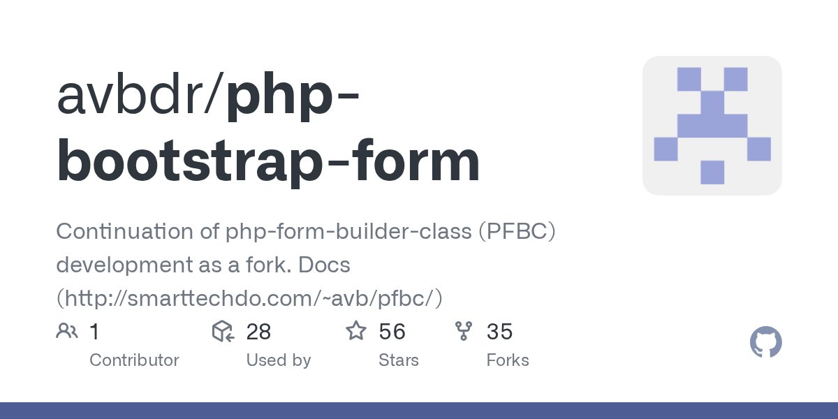 svenl77's tweet card. Continuation of php-form-builder-class (PFBC) development as a fork. Docs (http://smarttechdo.com/~avb/pfbc/) - avbdr/php-bootstrap-form