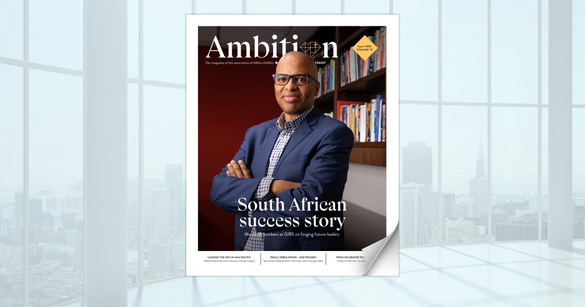 BlueSky_Edu's tweet card. Ambition is AMBA’s thought leadership magazine, offering regular insights into the challenges and trends that matter most in global management education