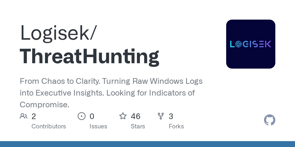 ipurple's tweet card. From Chaos to Clarity. Turning Raw Windows Logs into Executive Insights. Looking for Indicators of Compromise. - GitHub - Logisek/ThreatHunting: From Chaos to Clarity. Turning Raw Windows Logs int...