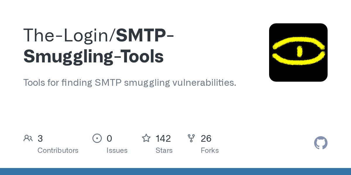 timolongin's tweet card. Tools for finding SMTP smuggling vulnerabilities. Contribute to The-Login/SMTP-Smuggling-Tools development by creating an account on GitHub.