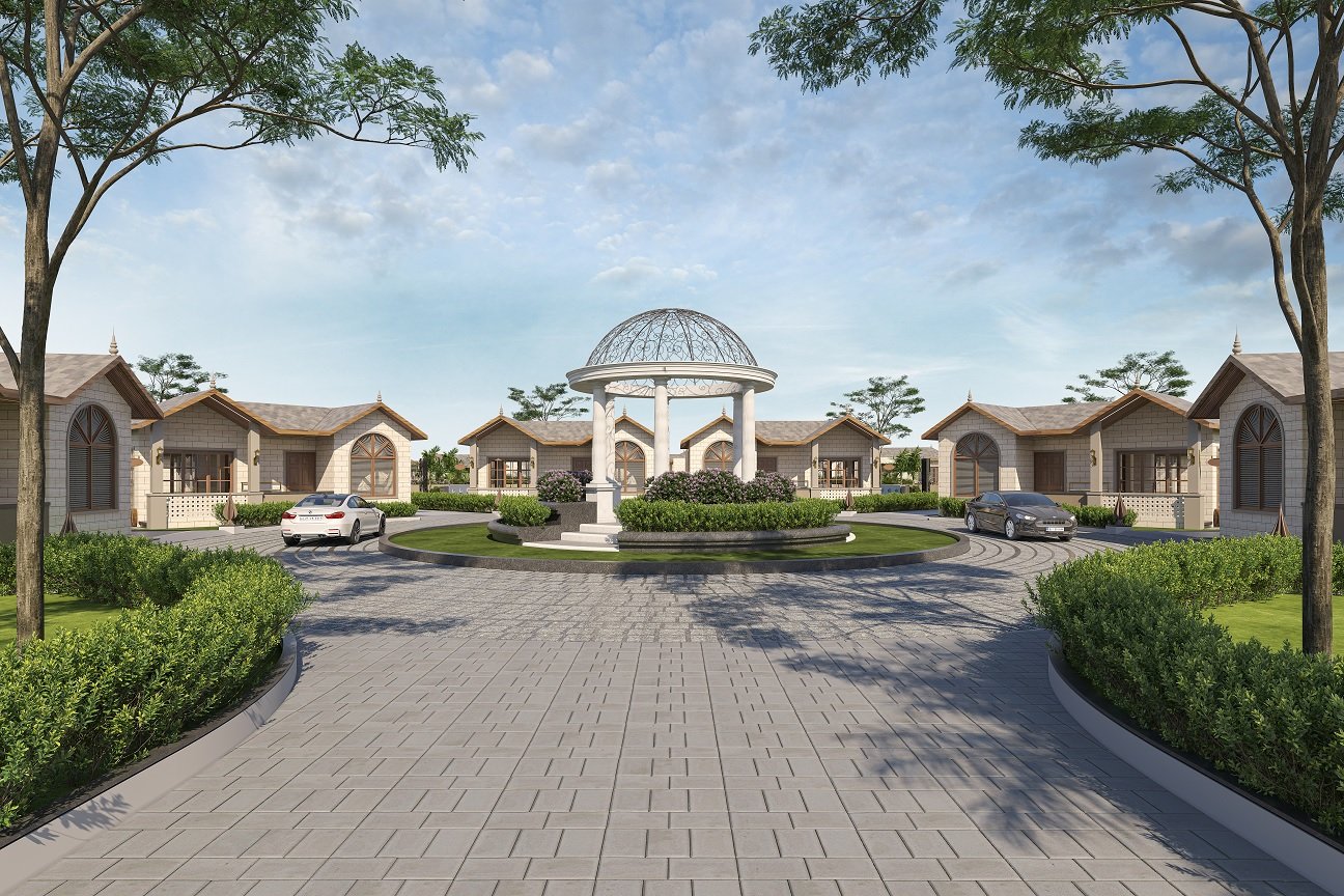 Eyeview3d's tweet card. 3D exterior visualization of a farmhouse villa in a rural area, showcasing detailed architecture, natural surroundings, and peaceful living.