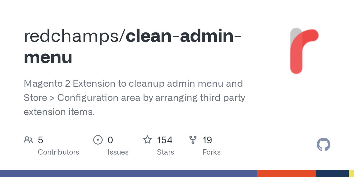 _redChamps's tweet card. Magento 2 Extension to cleanup admin menu and Store > Configuration area by arranging third party extension items. - redchamps/clean-admin-menu