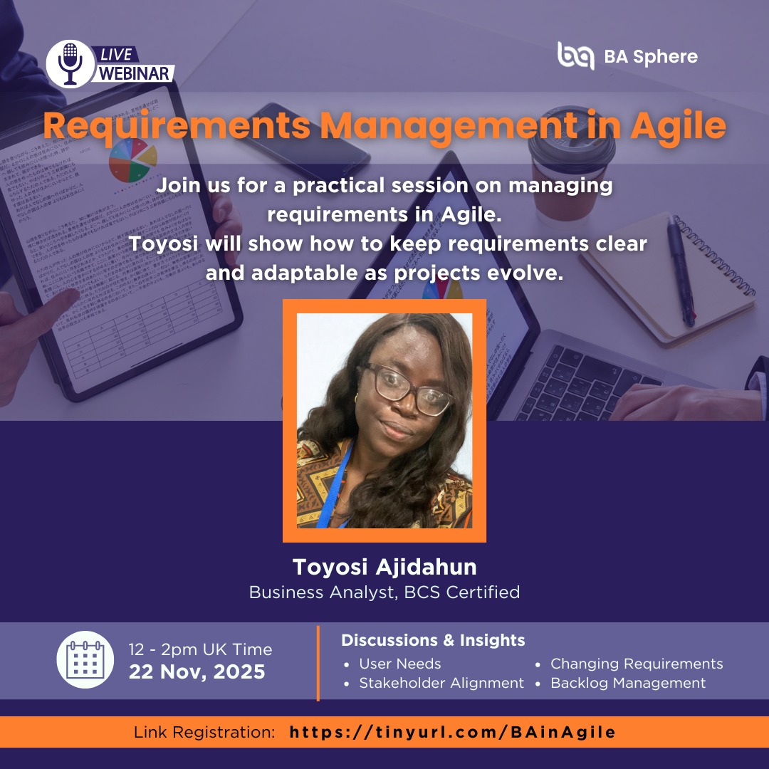 BAsphere's tweet card. Facilitator Profile Toyosi Ajidahun is a dedicated and innovative BCS-certified Business Analyst with proven experience spanning all stages of the SDLC, IT consulting and digital transformation....