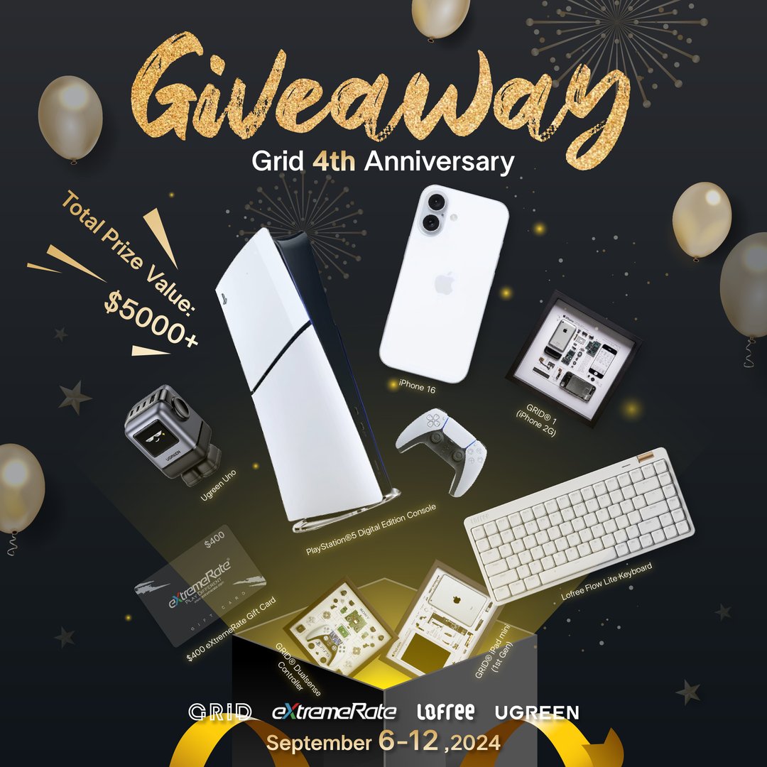 GridStudiocc's tweet card. Simply follow the steps below to enter, 4 lucky winners will be picked at random September 12th (PT)! ​Grand Prize: iPhone 16 + Grid iPhone 2G Frame + Ugreen Uno​ 100W charger 1st Prize: PS5 Digital...