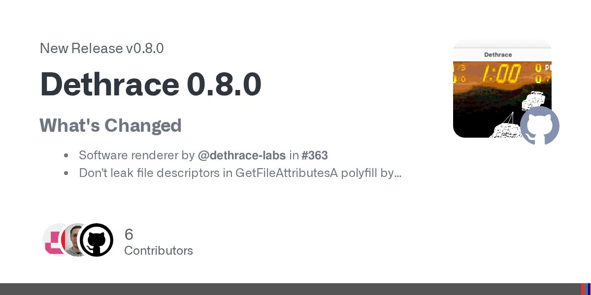 dethrace_labs's tweet card. What's Changed Software renderer by @dethrace-labs in #363 Don't leak file descriptors in GetFileAttributesA polyfill by @madebr in #372 Add '--verbose' cli argument by @madebr in ...