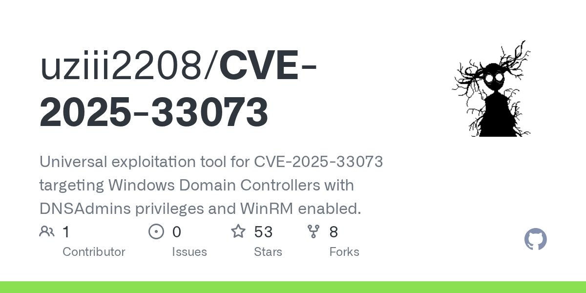 akaclandestine's tweet card. Universal exploitation tool for CVE-2025-33073 targeting Windows Domain Controllers with DNSAdmins privileges and WinRM enabled. - uziii2208/CVE-2025-33073