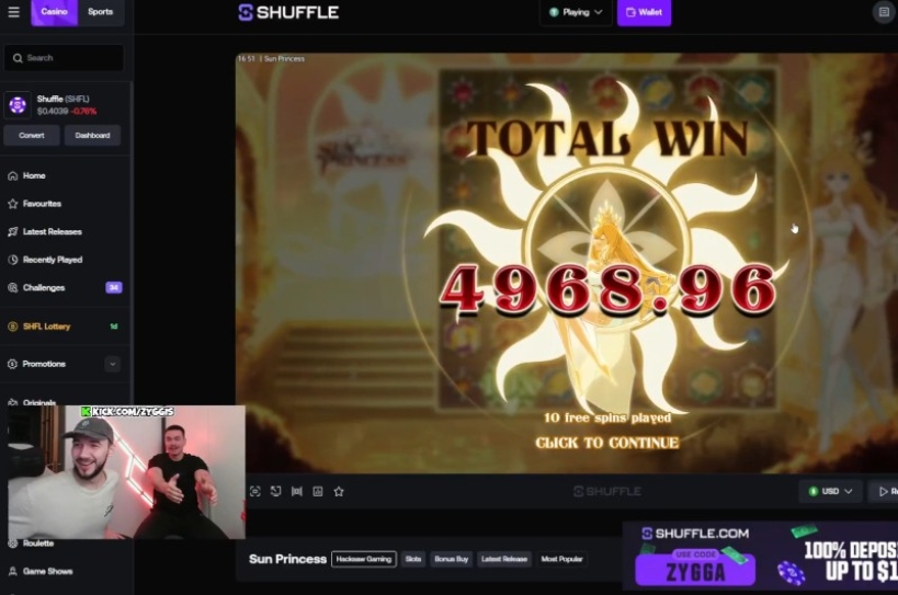 onlinecasino's tweet card. Kick streamer Zyggis lands a massive 3,105.60x multiplier on Hacksaw Gaming’s Sun Princess slot at Shuffle, turning a $1.60 bet into a $4,968.96 win during a round of 10 Free Spins.