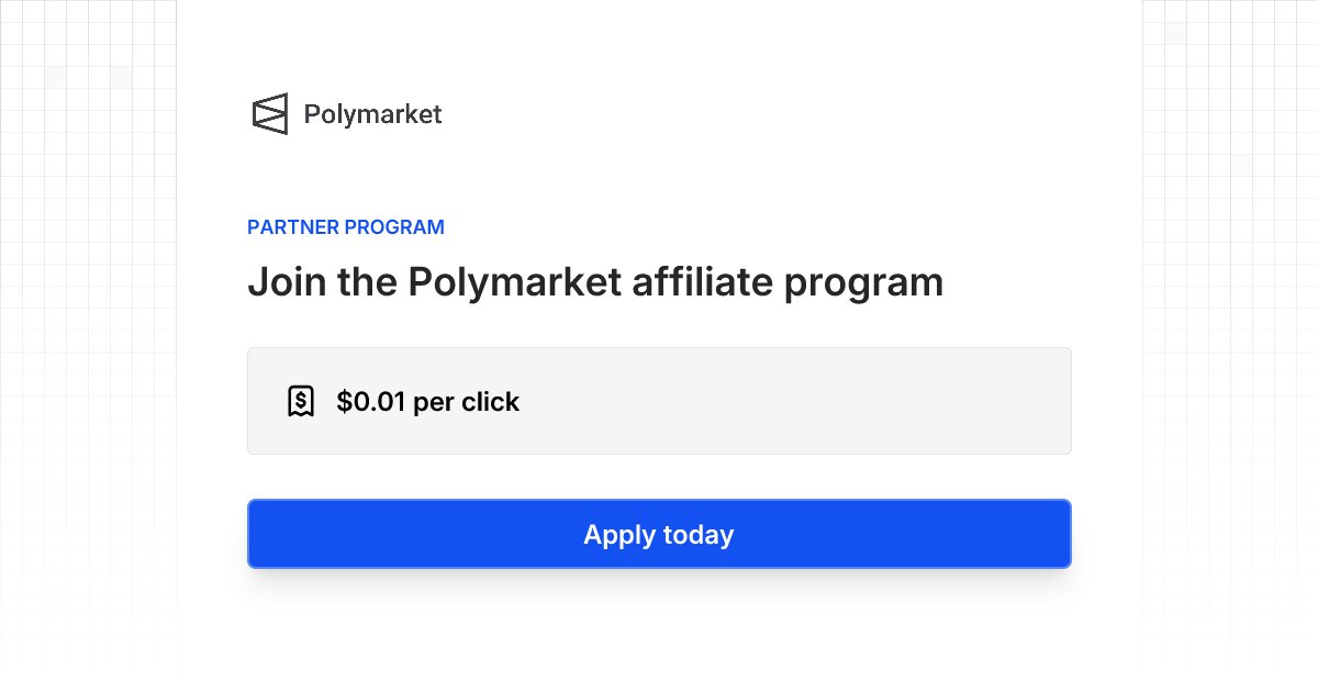 PolymarketTrade's tweet card. Join the Polymarket affiliate program and earn $0.01 per click by referring Polymarket to your friends and followers.