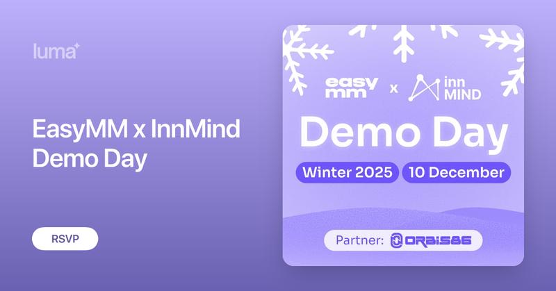 InnMindcom's tweet card. EasyMM x InnMind Demo Day Winter 2025 · December 10th Partner: Orbis 86 Exclusive virtual Demo Day connecting TGE-ready Web3 projects with top investors,…