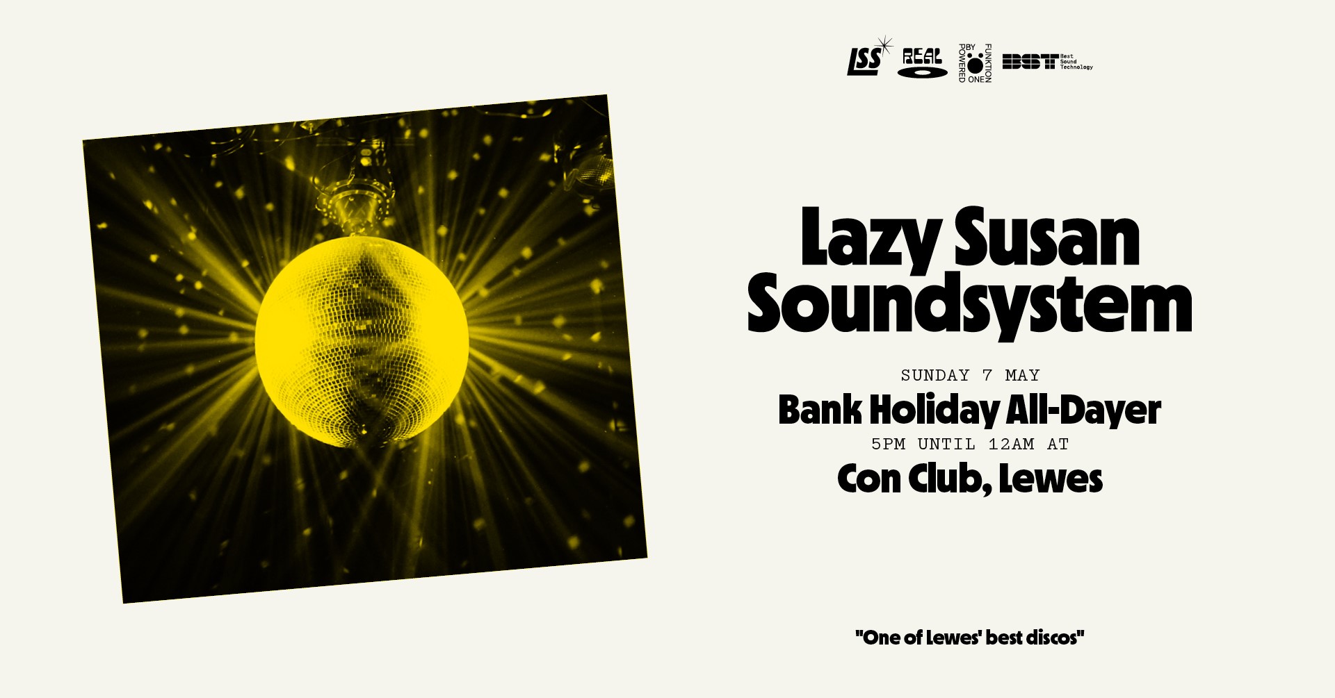 LewesConClub's tweet card. Lazy Susan Soundsystem Bank Holiday All-Dayer 5:00pm to Midnight Tickets £5 to £8   www.eventbrite.co.uk Let's get together! Join us for a very special Lazy Susan disco party on the May bank-holiday...