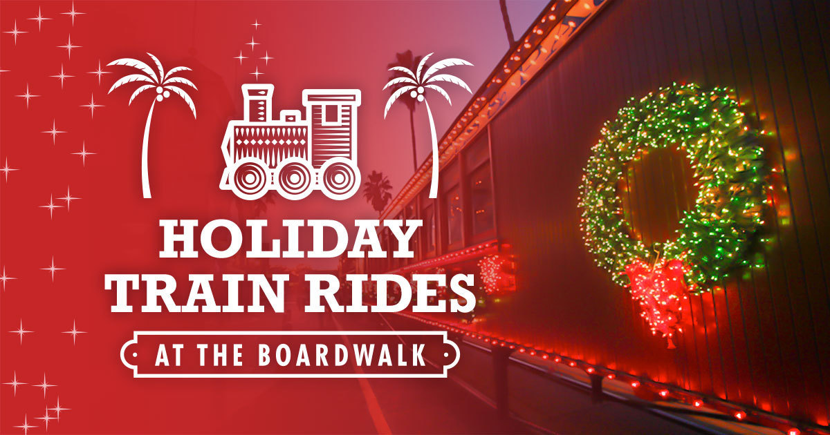 beachboardwalk's tweet card. Celebrate the holiday season with a ride on a festive train! Continue the merriment with family and friends with Boardwalk arcades and attractions. Happy holidays!