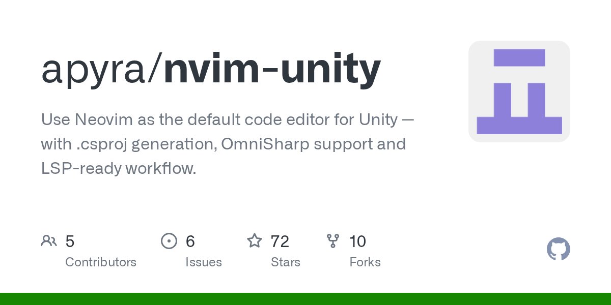 Neovim's tweet card. Use Neovim as the default code editor for Unity — with .csproj generation, OmniSharp support and LSP-ready workflow. - apyra/nvim-unity