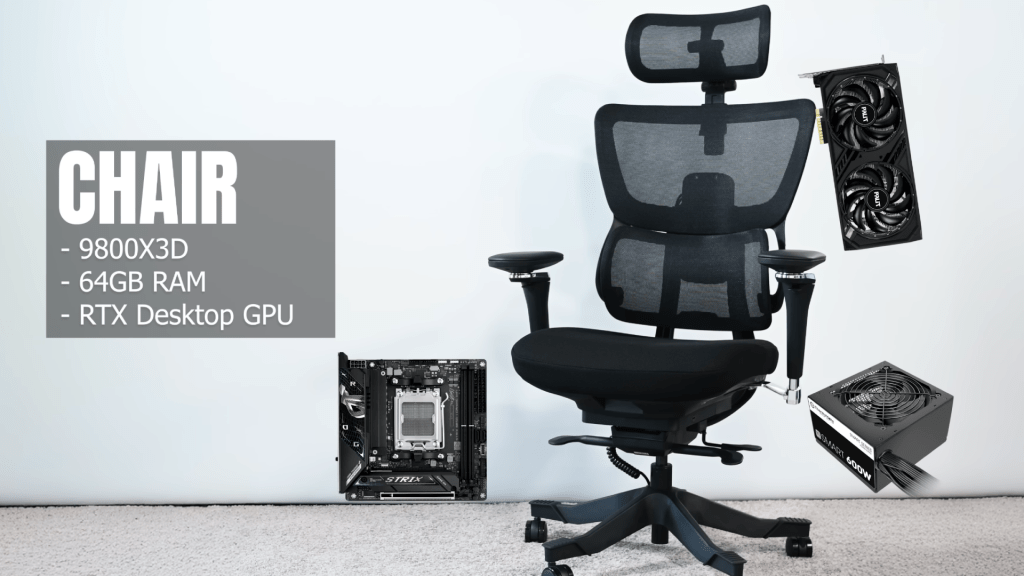 pcworld's tweet card. A YouTuber shoved an entire Mini-ITX build into a sleek office chair. Why? Who cares! It's neat and you can play VR games with it.