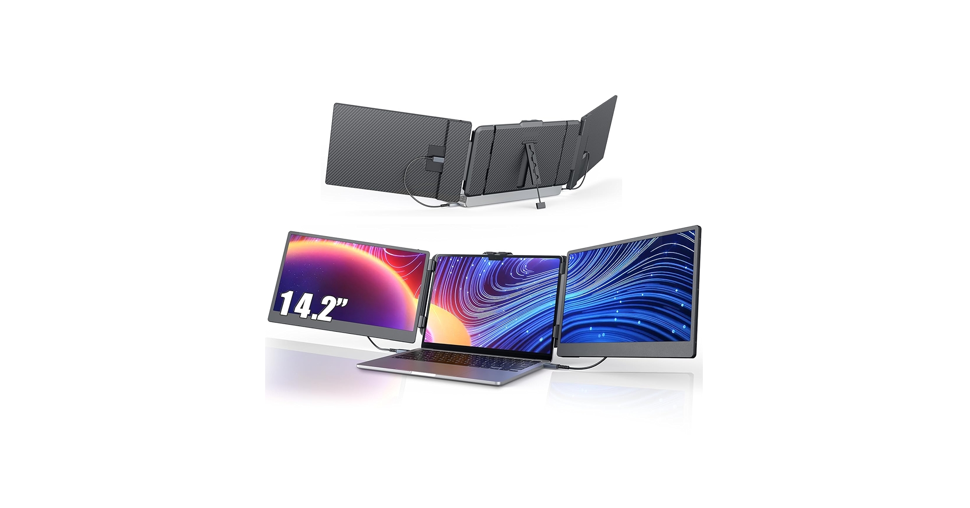 TheTrendy_Times's tweet card. 14.2'' Screen Extender Portable Laptop Plug-play, 1080P IPS Laptop Monitor Extender Built-in Speakers, HDMI/USB-A/Type-C Triple Monitor for 13''-17.3'' Laptops, Work with Mac, Windows, Chrome, Switch