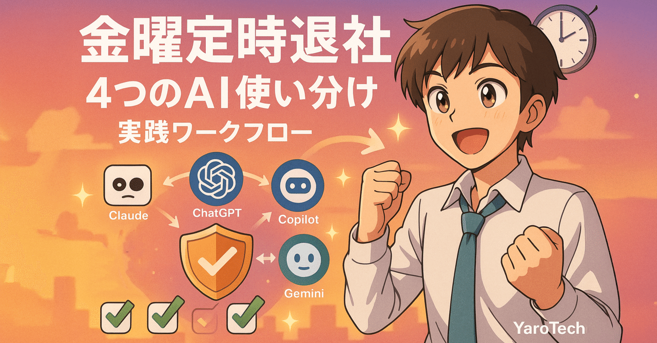 yaoyoroztech's tweet card. こんにちは！YaroTechです。 金曜日の夕方、「あと少しで定時なのに...」と残業になってしまうこと、ありませんか？ 先日、Day104で4つのAI（Claude、ChatGPT、Copilot、Gemini）の徹底比較実験を行いました。その結果、各AIには明確な得意分野があることが判明！ Claude: 正確性100%、データ分析最強 ChatGPT: 考察力・説明力が抜群...