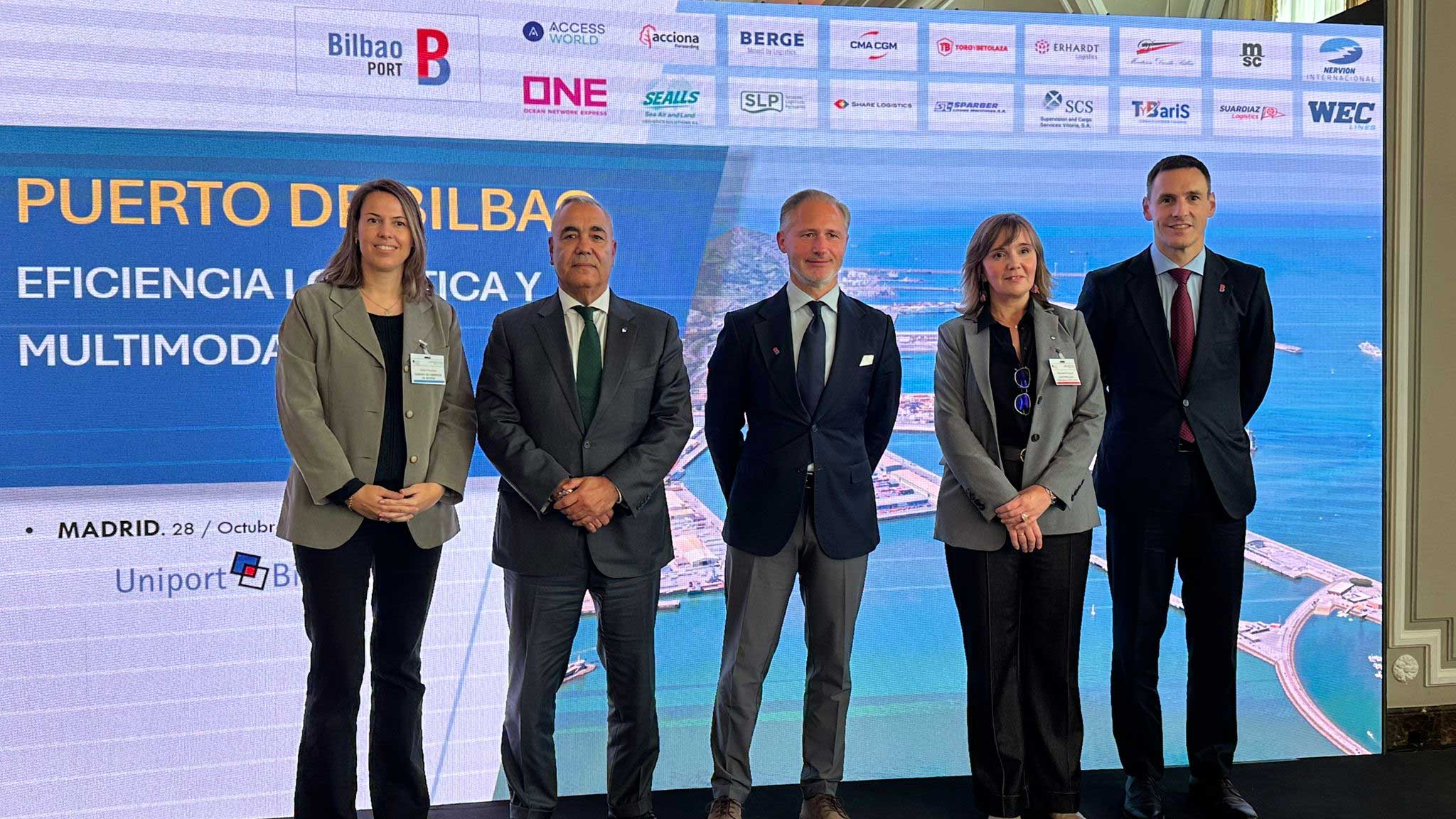 EstrechoDigital's tweet card. La comunidad logística portuaria de Bilbao, representada por Uniport y la Autoridad Portuaria, ha presentado en Madrid su propuesta de servicios multimodales ante cerca de un centenar de representa...