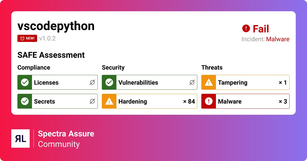 ReversingLabs's tweet card. Supply chain risk analysis for vscodepython. Learn more about package security, deployment risks, vulnerabilities, popularity, versions, and more with ReversingLabs.