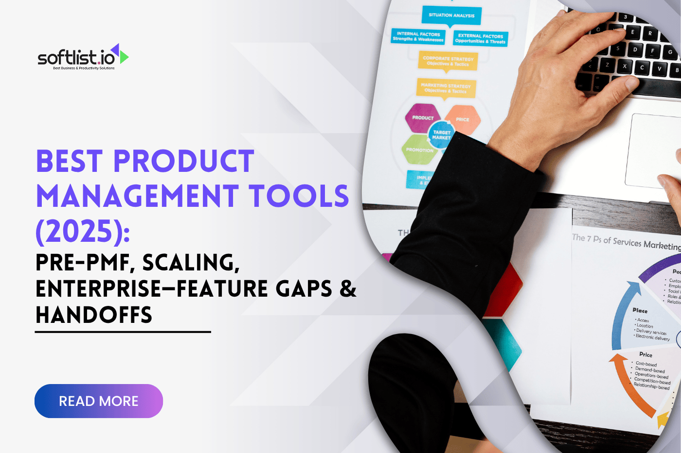 softlist_io's tweet card. Compare top product management tools by stage—Pre-PMF, Scaling, Enterprise. Find the right fit with pricing, features, and handoff gaps analyzed.
