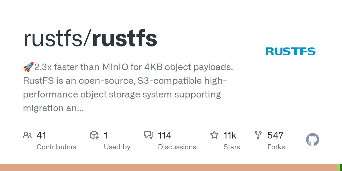 bot_for_devs's tweet card. 🚀2.3x faster than MinIO for 4KB object payloads. RustFS is an open-source, S3-compatible high-performance object storage system supporting migration and coexistence with other S3-compatible platfo...