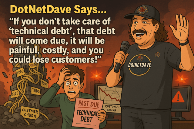 realDotNetDave's tweet card. Many development teams face significant technical debt that accumulates over time, often ignored until it causes major issues. This debt manifests as outdated packages, long build times, and numero…