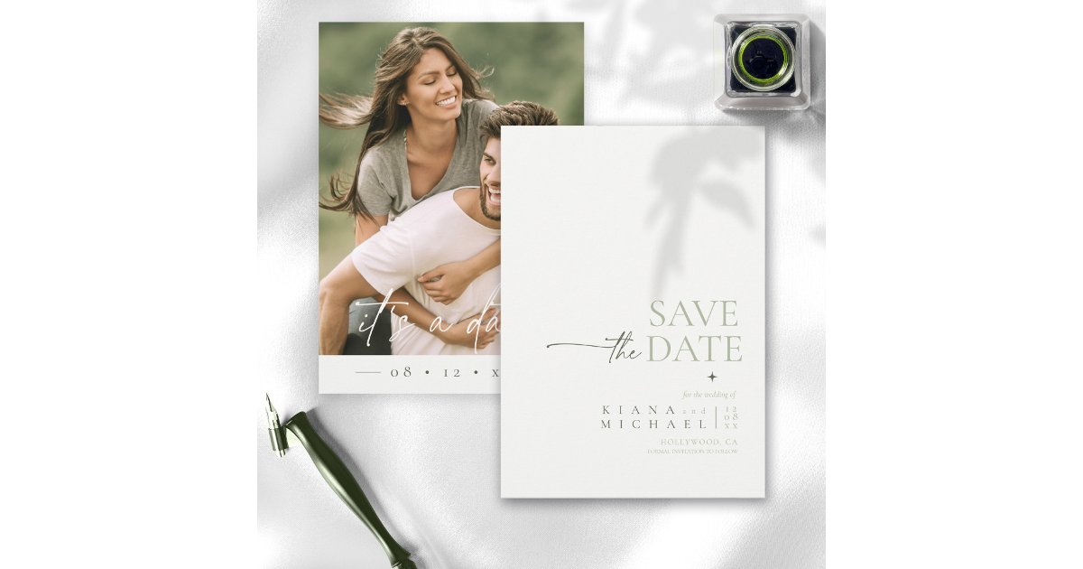 ArrayStores's tweet card. This modern, vertical 'Save the Date' card, shown here in pearl white and green, has a template to easily add your own photo and personalized text. As part of a chic wedding suite with a warm...