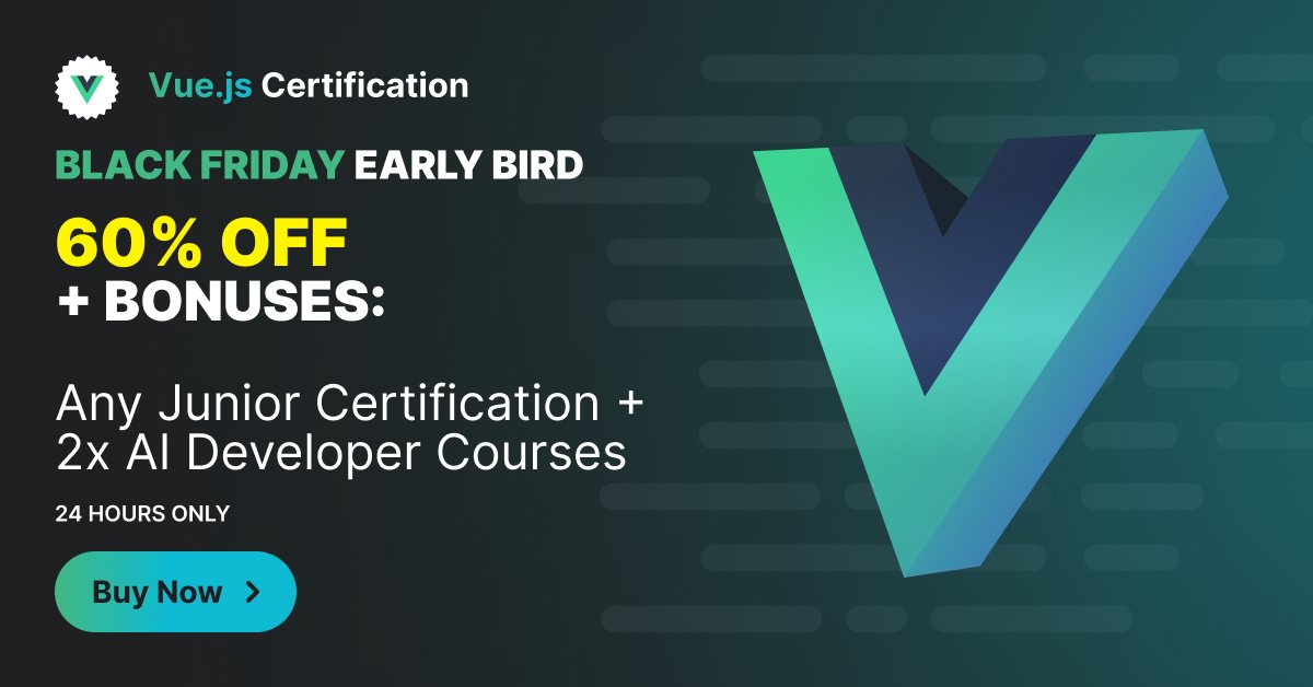 CertificatesDev's tweet card. Get your Vue.js expertise certified through our rigorous assessment program based on real-world challenges and practical-based online examinations.