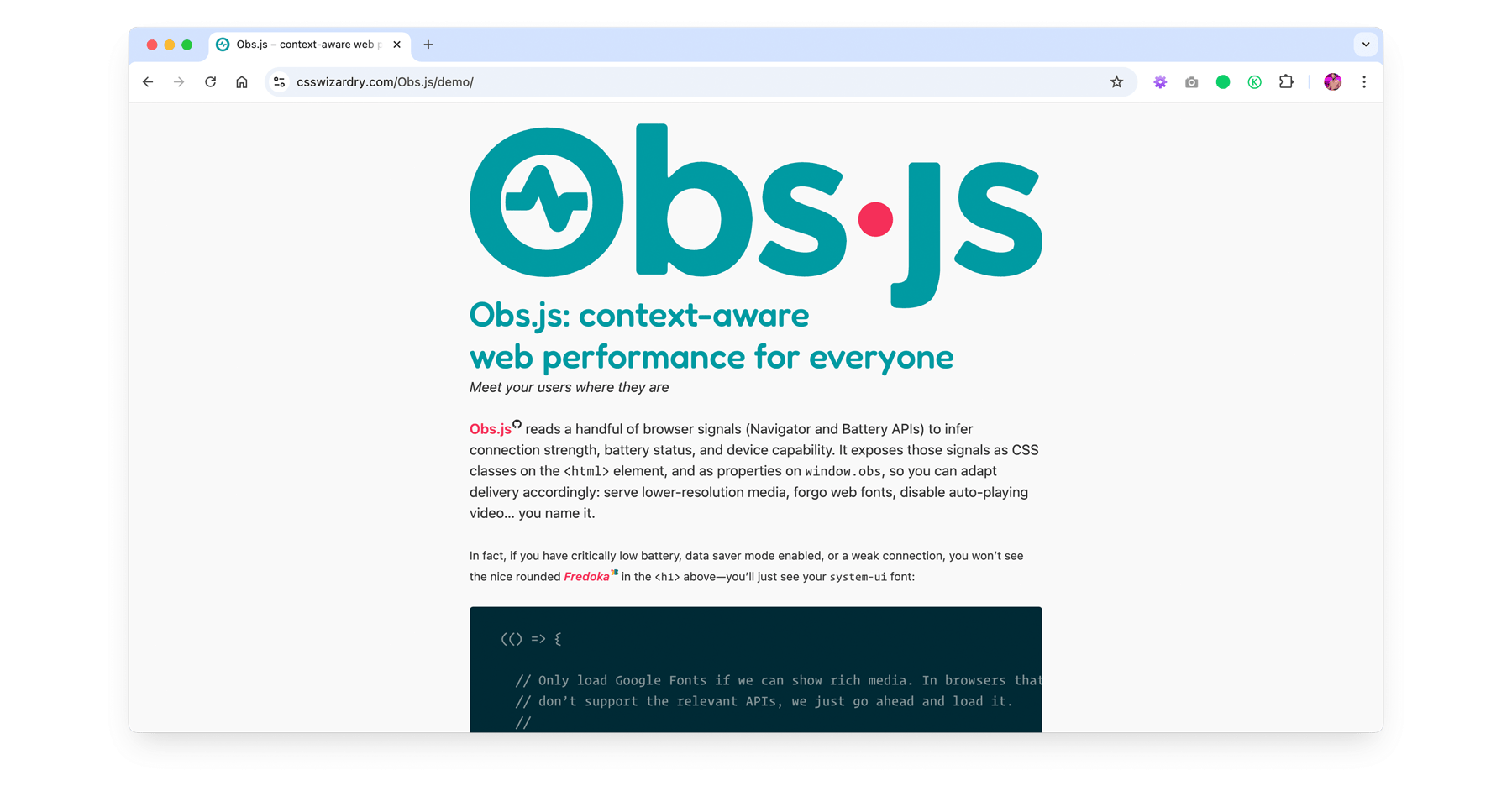 nucliweb's tweet card. Obs.js reads device and network signals and allows you to build adaptive user experiences.