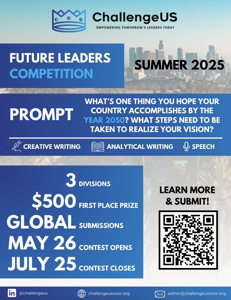 opportunitiesfy's tweet card. The ChallengeUS Future Leaders Competition is open for Summer 2025. This global competition invites students to engage with civic challenges and share their