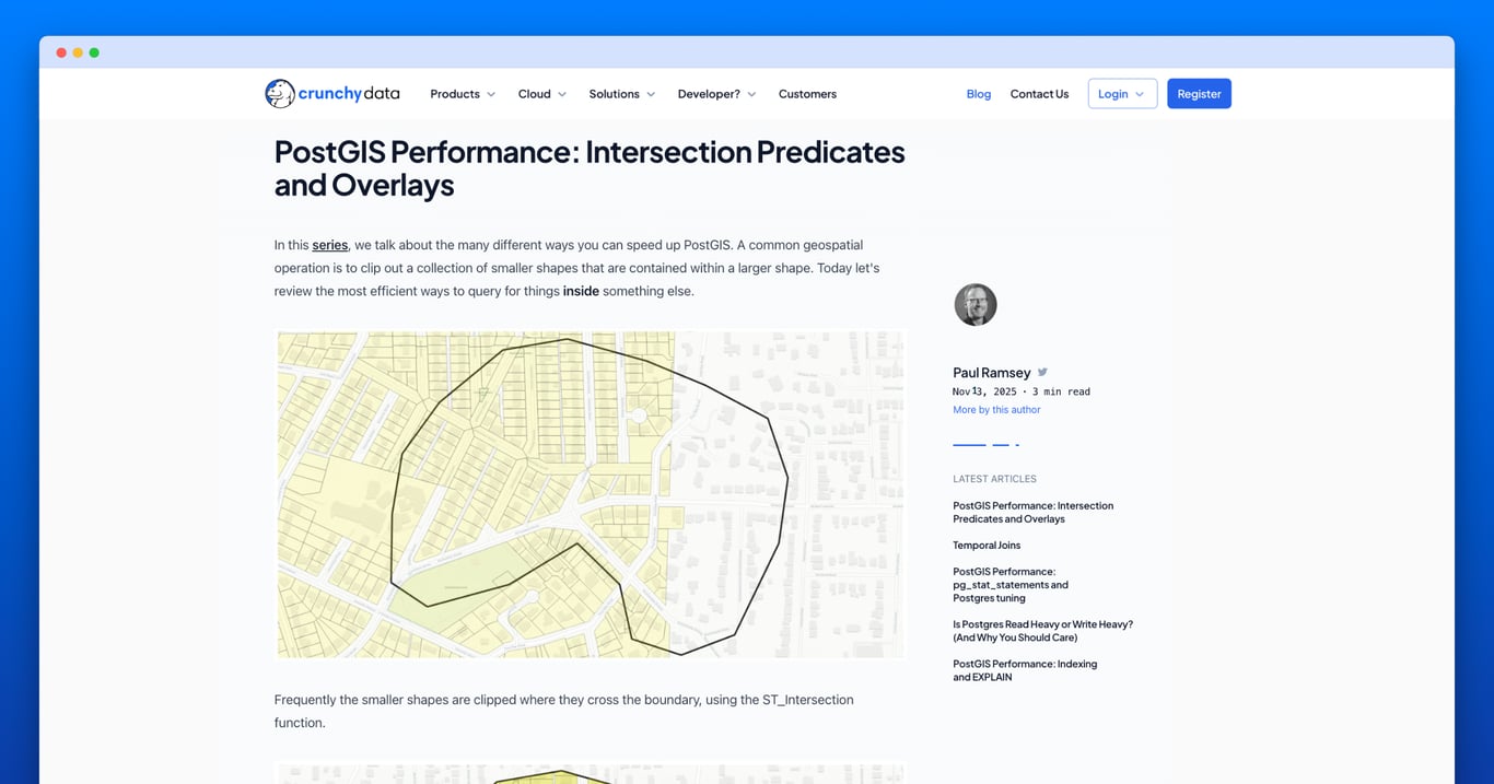 _tech_robot_'s tweet card. What is difference between the boolean true / false ST_Intersects and ST_Contains and the overlay options of ST_Intersection and ST_Difference? Also, combining these two ideas can get you really fast...