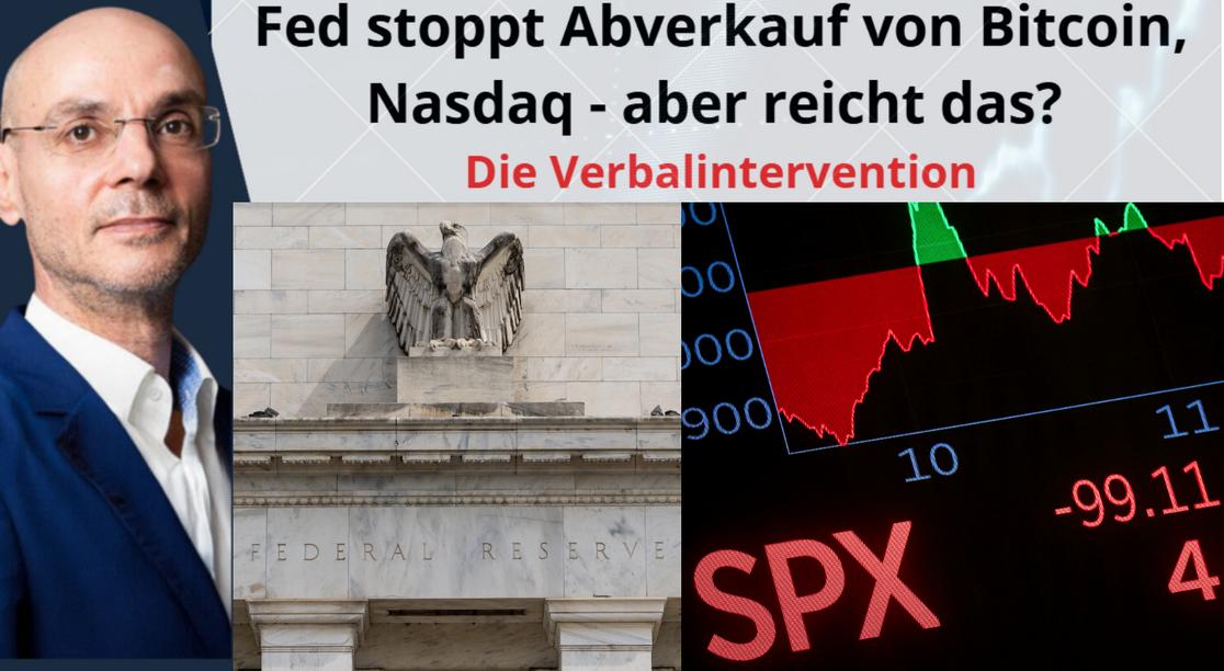 finanzmarktwelt's tweet card. Mit einer Verbalintervention stoppt die Fed den Abverkauf von Bitcoin und Nasdaq, aber reicht das? Das Grundproblem der KI-Blase aber bleibt