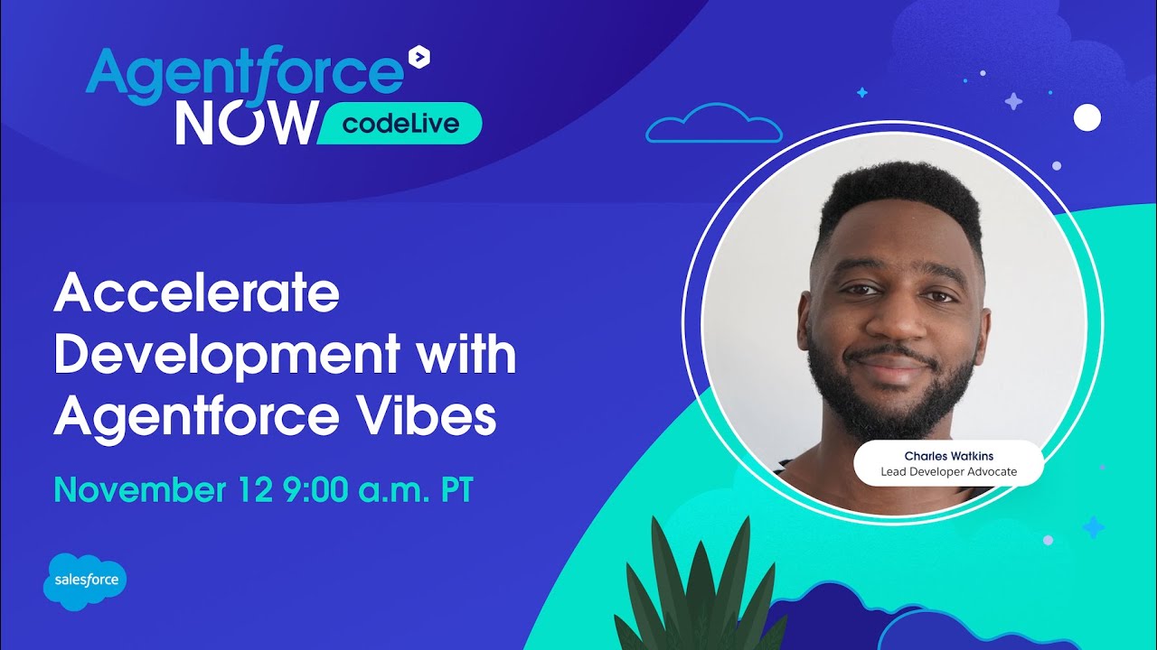SalesforceDevs's tweet card. Agentforce NOW codeLive: Accelerate Development with Agentforce Vibes