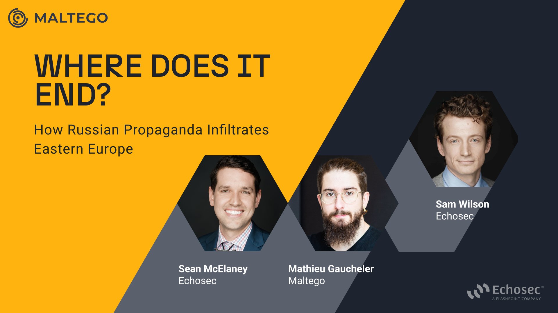 MaltegoHQ's tweet card. This webinar showcases how to break down online activities to find the groups behind specific disinformation campaigns with the power of Echosec and Maltego.