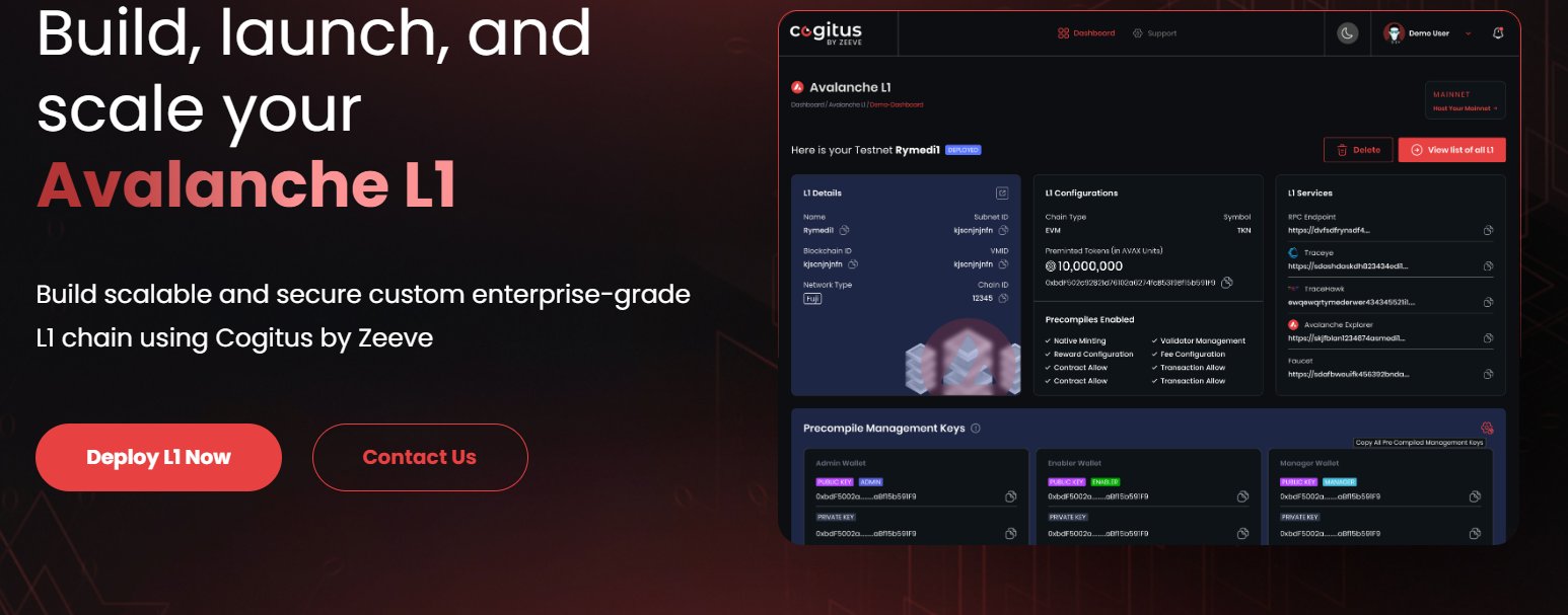 0xZeeve's tweet card. Deploy your scalable and secure Avalanche L1 in minutes with automated onboarding, integrated tools and management dashboards with Cogitus.