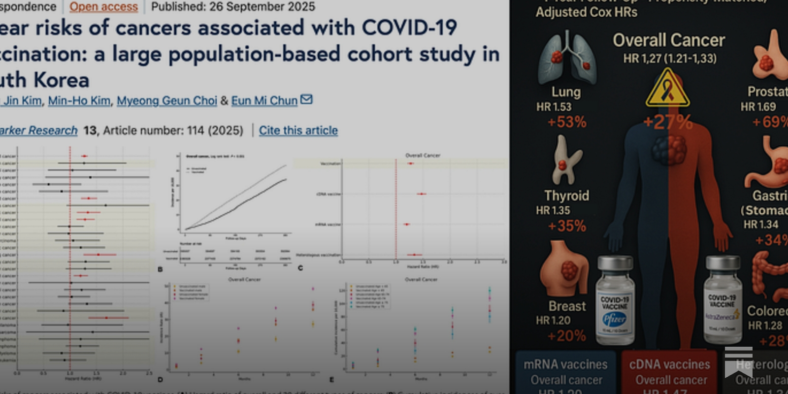 Bitragunta's tweet card. South Korea study of 8.4 million adults finds higher risks of overall, lung, prostate, thyroid, gastric, colorectal, and breast cancers — across both mRNA and viral-vector platforms.