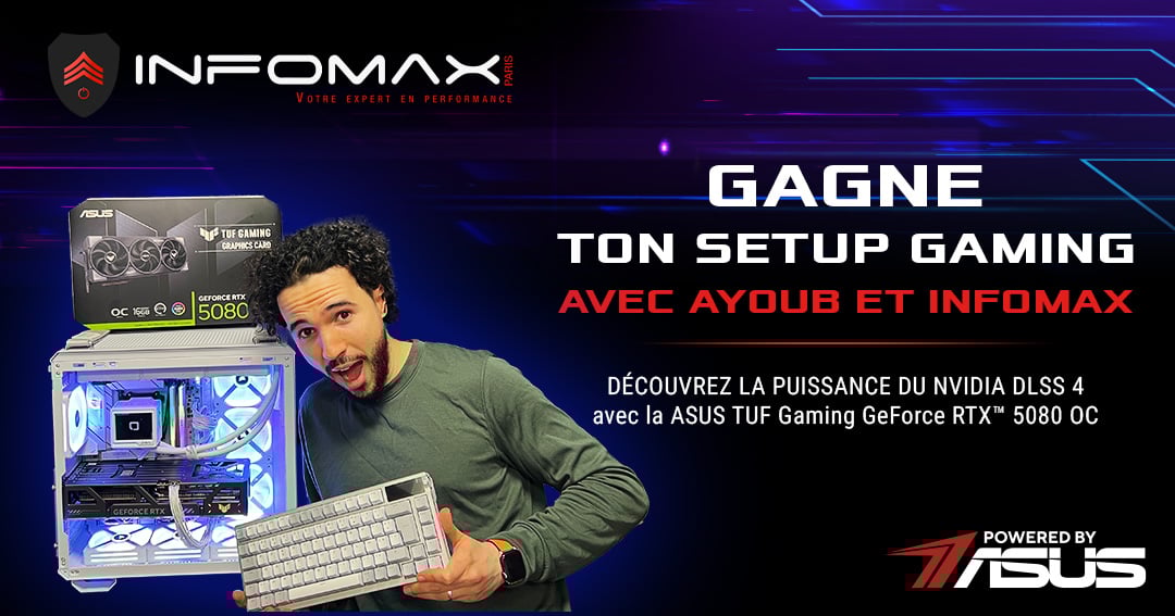 ayoub_le_vrai's tweet card. Ayoub et Infomax ont décidé de vous mettre bien ! Aussi, avec ASUS, ils vous offrent un Setup de folie pour jouer aux tous derniers jeux du moment en Qualité Ultra et sans aucune limite, même à 360...