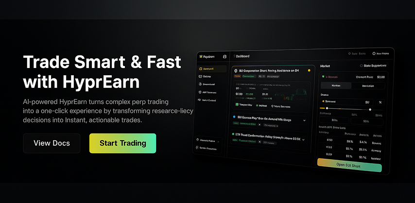 HyprEarn's tweet card. Description: HyprEarn turns complex perp trading into a one-click experience by transforming research-heavy decisions into instant, actionable trades with built-in AI intelligence.