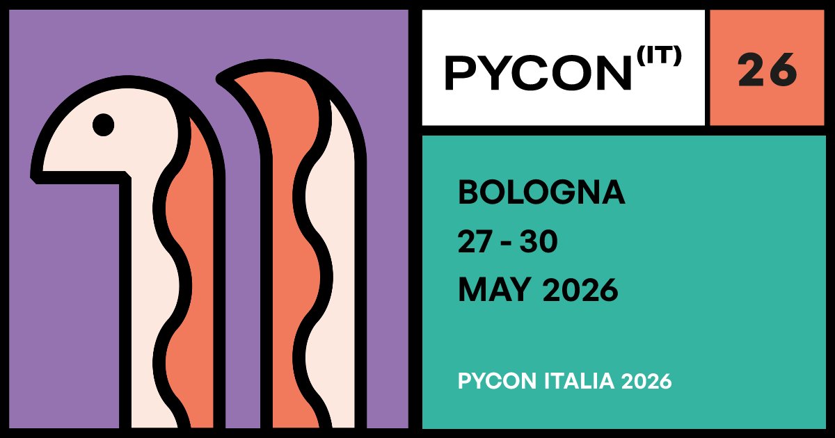 pyconit's tweet card. Join PyCon Italia May 27th to May 30th 2026 in Bologna, Italy!