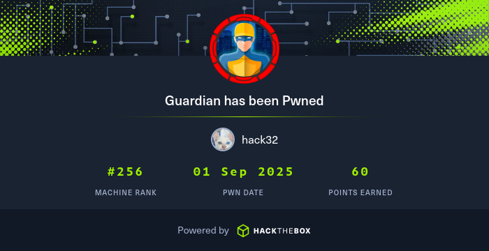 Hack32_'s tweet card. I have just owned machine Guardian from Hack The Box