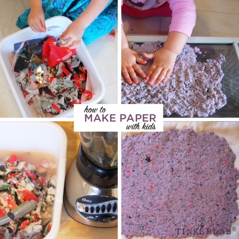 InnerChildFun's tweet card. Easy steps on how to make paper with kids. You will need paper scraps, a blender, a pan, and a screen. This is fun and simple!