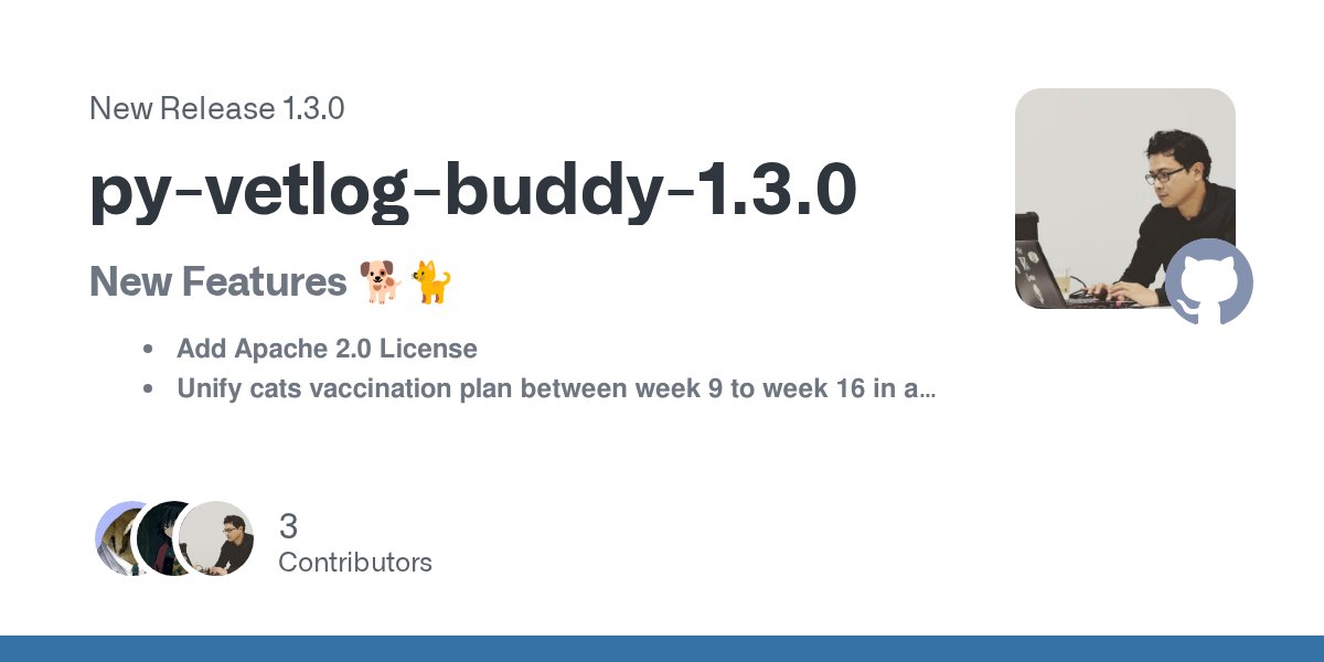 josdem's tweet card. New Features 🐕🐈 Add Apache 2.0 License Unify cats vaccination plan between week 9 to week 16 in a single plan Unify dogs vaccination plan between week 6 to week 12 in a single plan Add deworming...