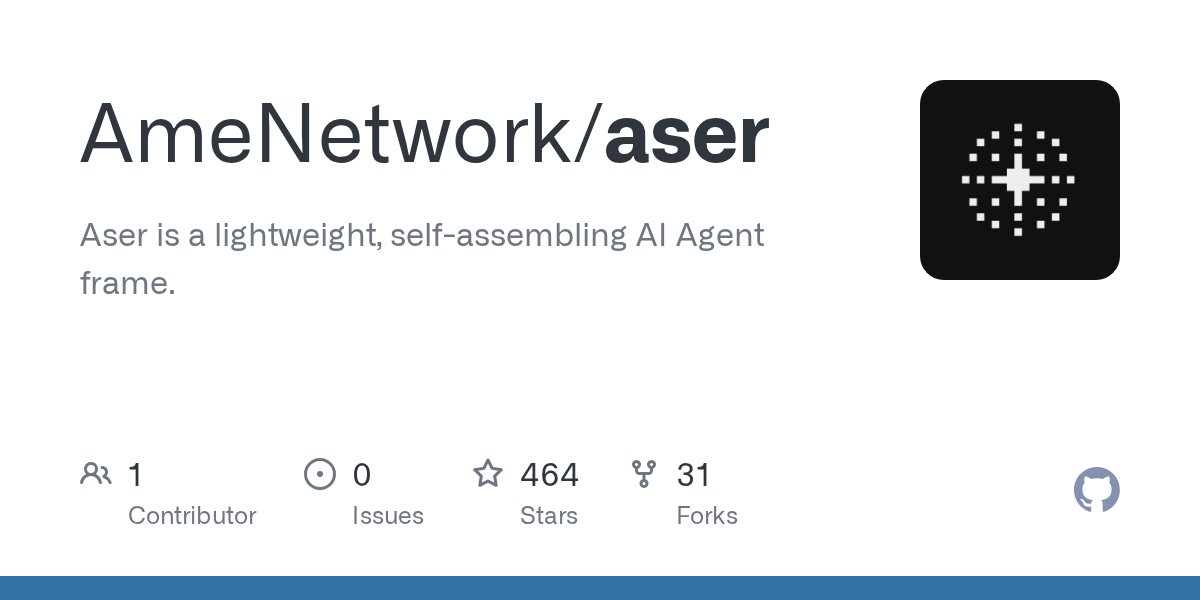 Web3Rickey's tweet card. Aser is a lightweight, self-assembling AI Agent frame. - AmeNetwork/aser