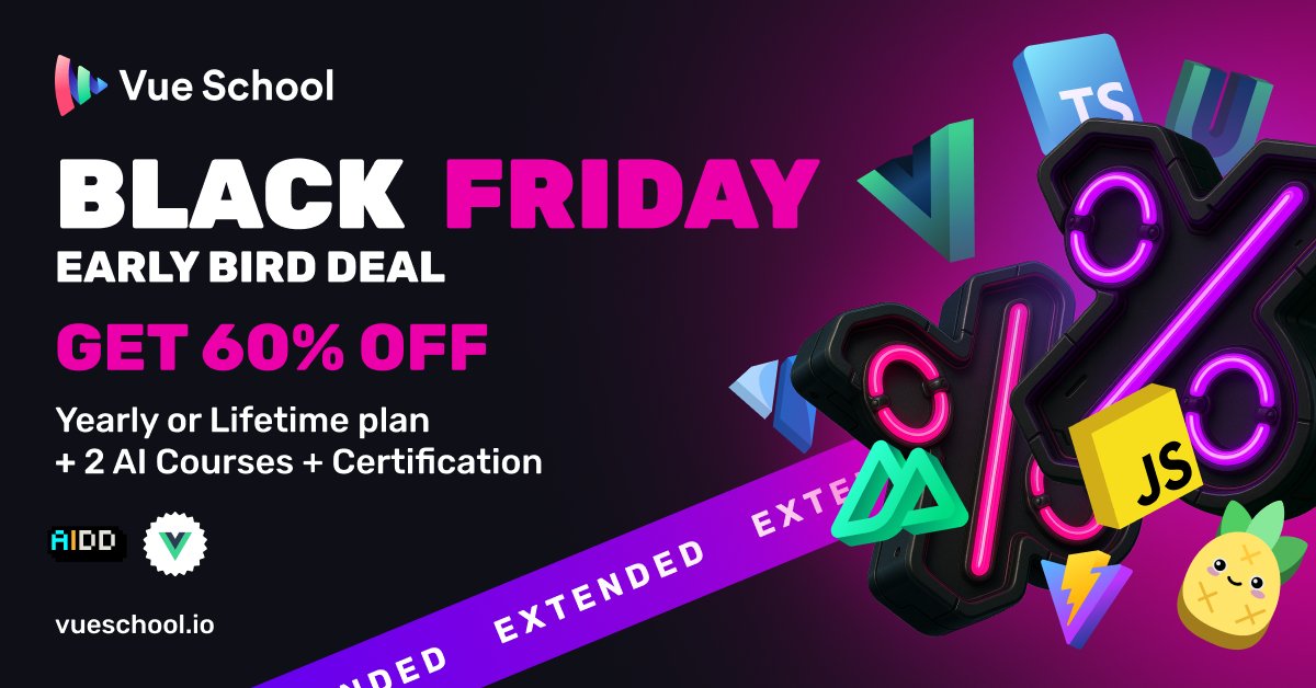 VueSchool_io's tweet card. Get in on the biggest price drop ever at Vue School! Access over 1,500 premium video lessons on a yearly plan + grab free BONUSES.