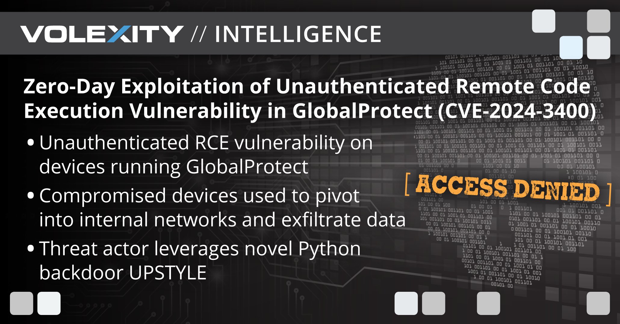 Volexity's tweet card. On April 10, 2024, Volexity identified zero-day exploitation of a vulnerability found within the GlobalProtect feature of Palo Alto Networks PAN-OS at one of its network security monitoring (NSM)...