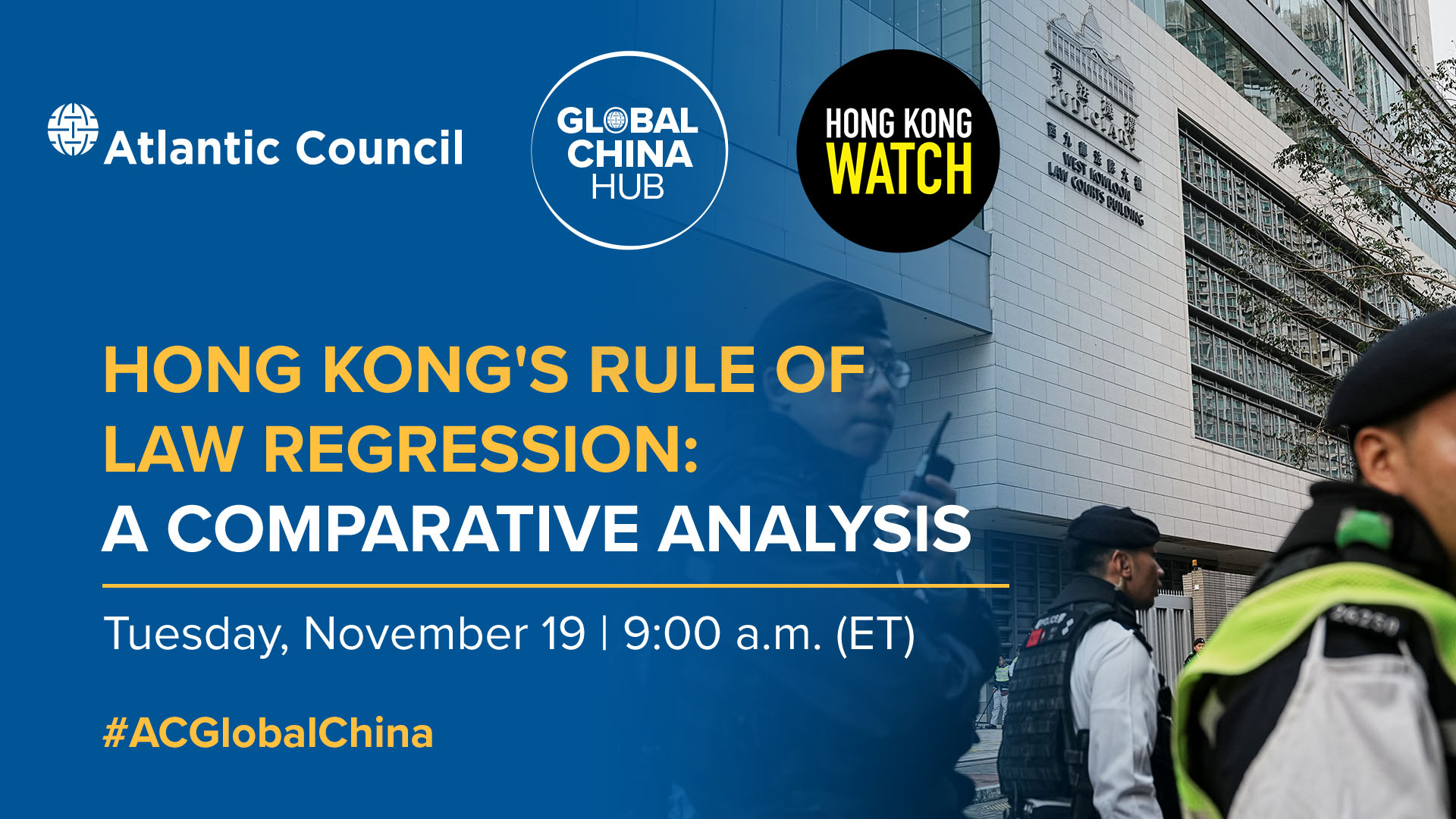 ACGlobalChina's tweet card. Join the Atlantic Council’s Global China Hub as it hosts a launch event for Hong Kong Watch’s report on the decline of rule of law in Hong Kong.